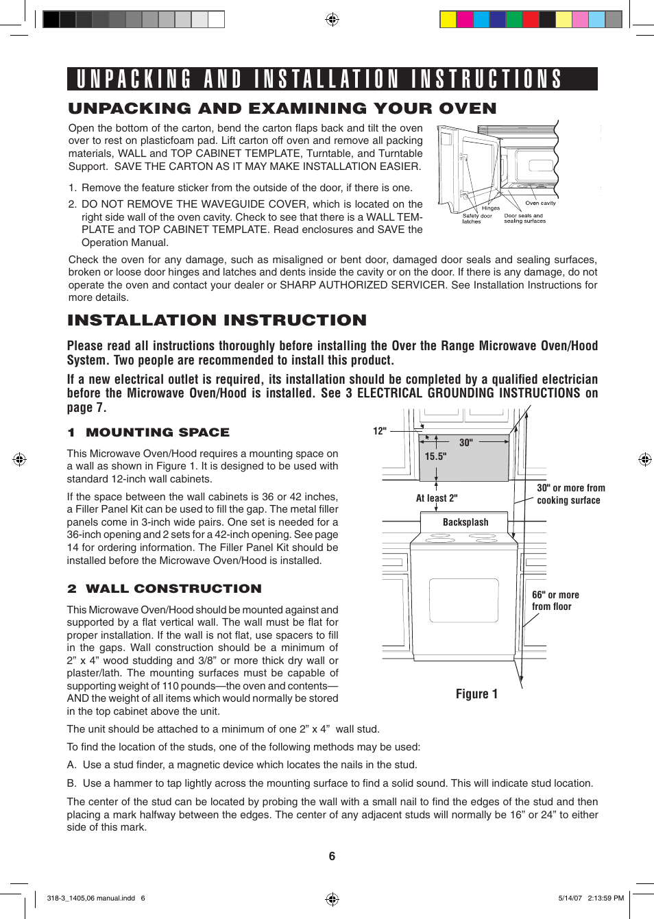 Installation instruction, Unpacking and examining your oven | Sony CAROUSEL R-1405 User Manual | Page 6 / 32