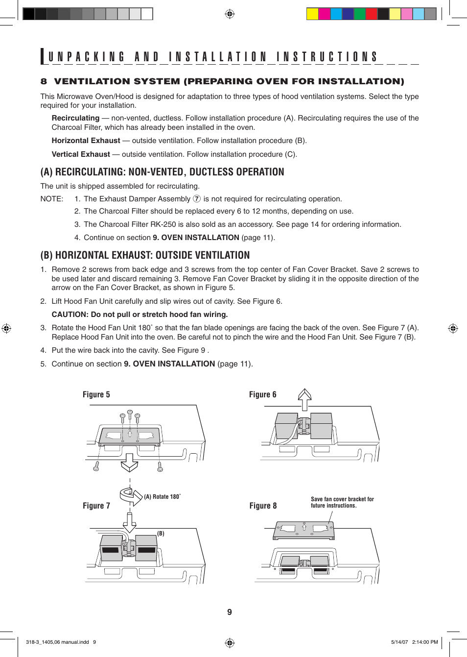 A) recirculating: non-vented, ductless operation, B) horizontal exhaust: outside ventilation | Sony CAROUSEL R-1405 User Manual | Page 9 / 32