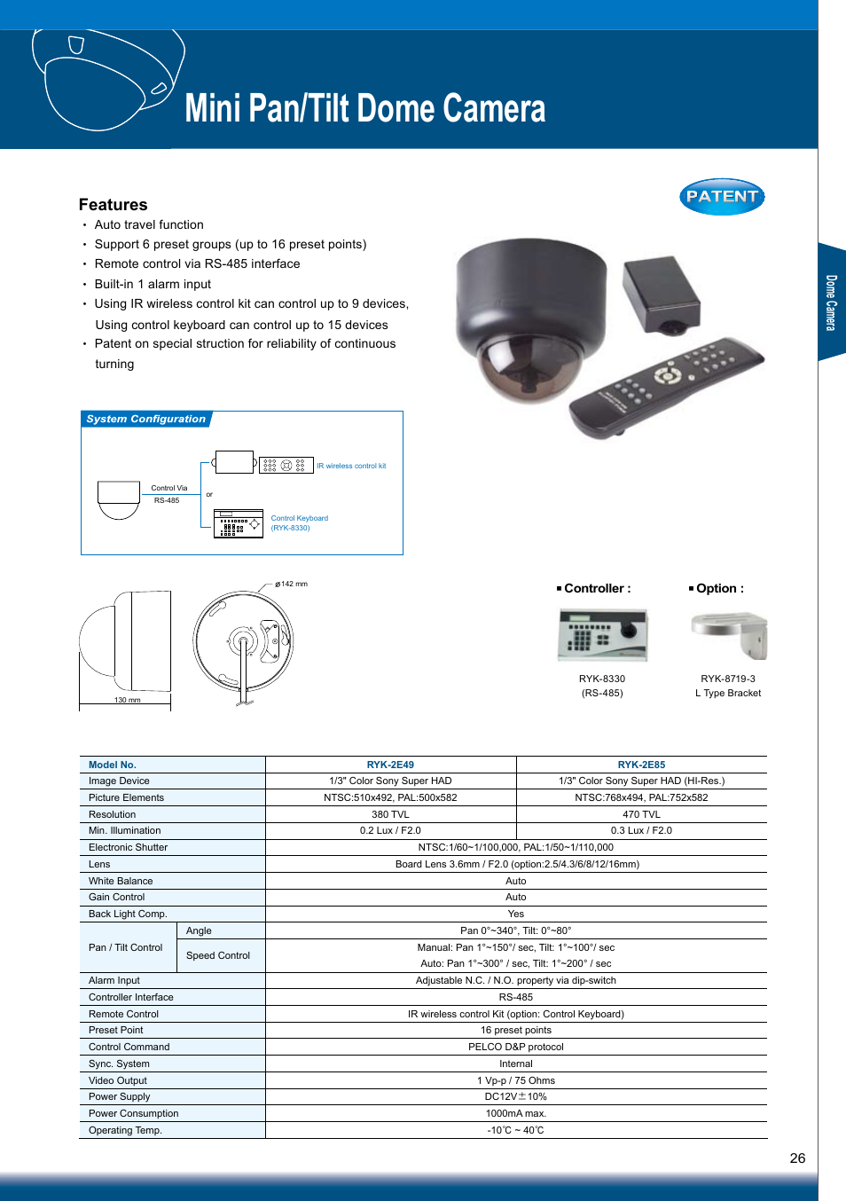 Mini pan/tilt dome camera, Features, Dom e c am era | Sony RYK-AF302A User Manual | Page 26 / 72