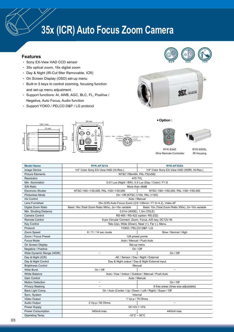 35x (icr) auto focus zoom camera, Features, Option | Sony RYK-AF302A User Manual | Page 3 / 72