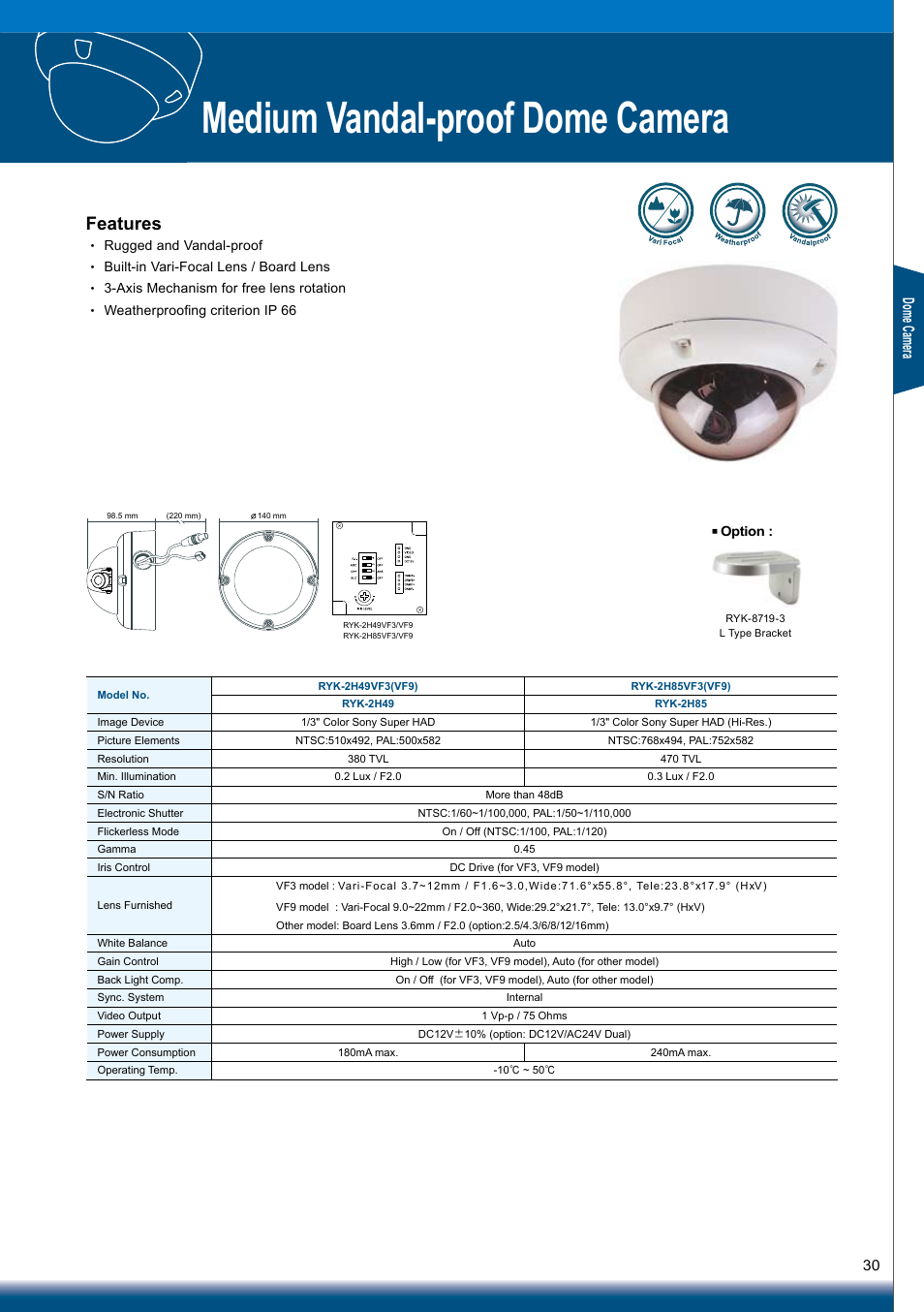 Medium vandal-proof dome camera, Features, Dom e c am era | Sony RYK-AF302A User Manual | Page 30 / 72