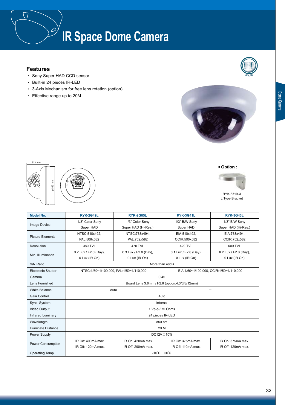 Ir space dome camera, Features, Dom e c am era | Sony RYK-AF302A User Manual | Page 32 / 72