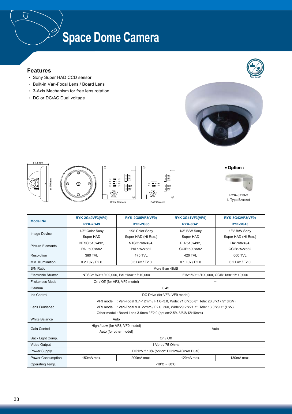 Space dome camera, Features | Sony RYK-AF302A User Manual | Page 33 / 72