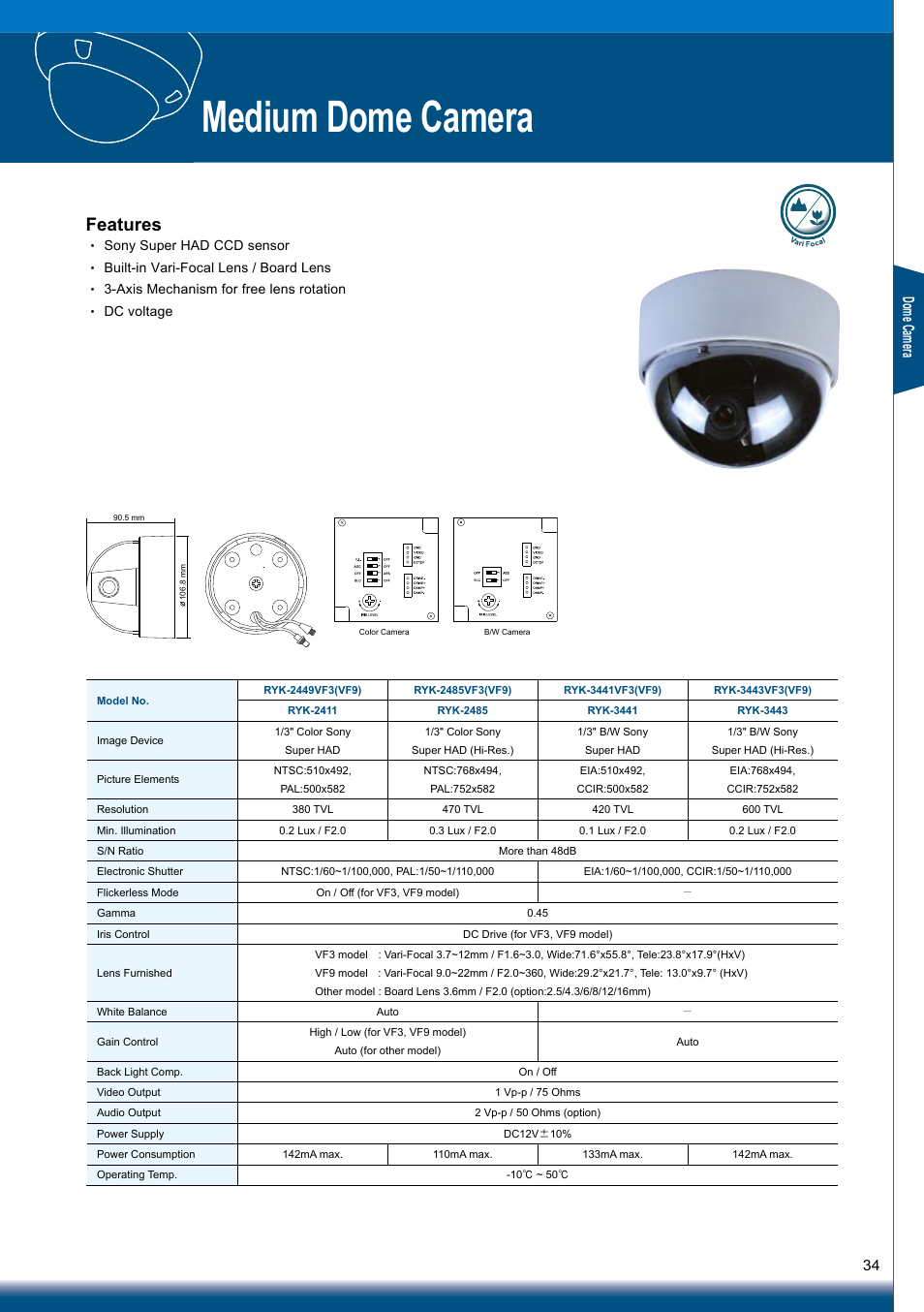 Medium dome camera, Features, Dom e c am era | Sony RYK-AF302A User Manual | Page 34 / 72