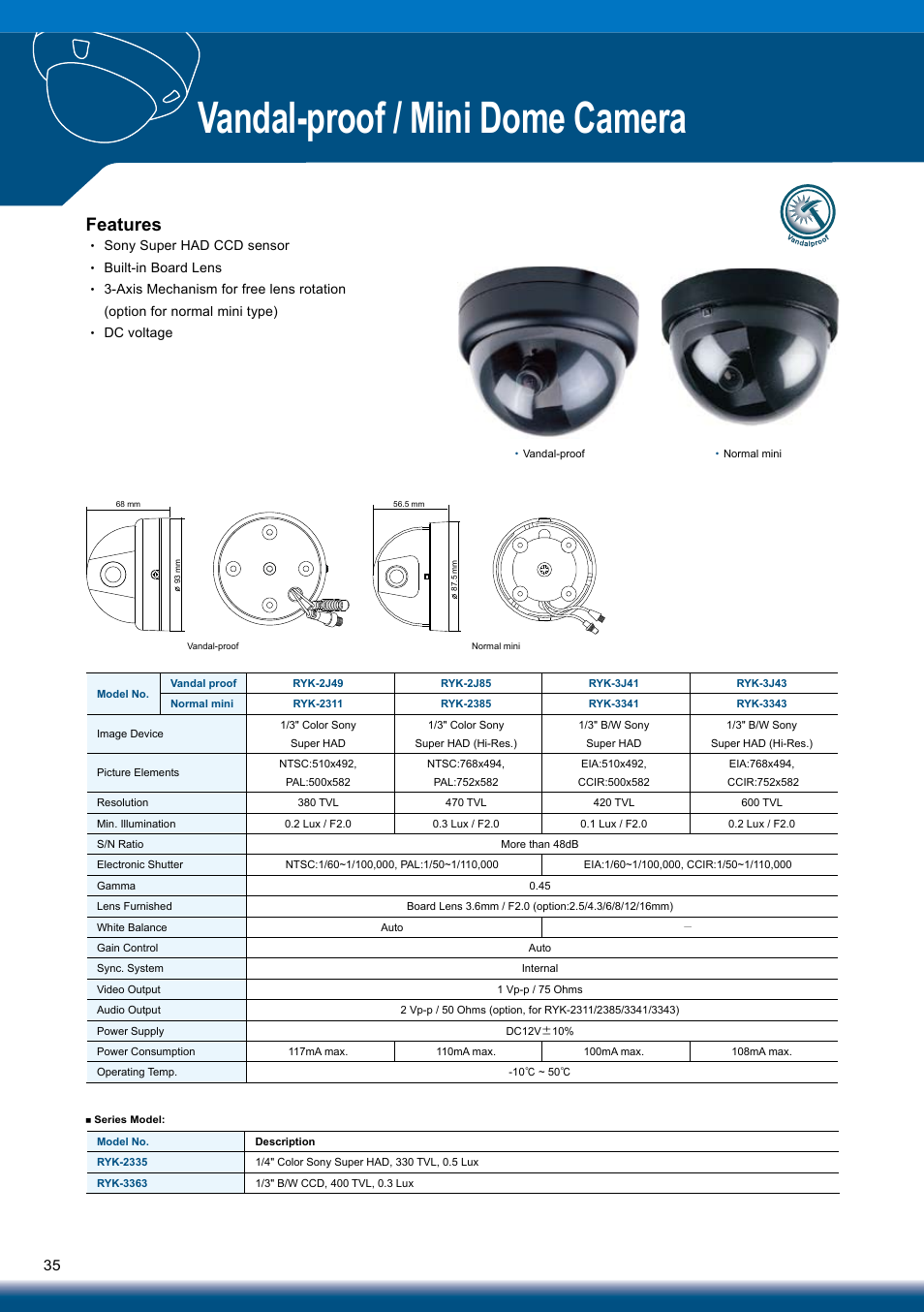 Vandal-proof / mini dome camera, Features | Sony RYK-AF302A User Manual | Page 35 / 72