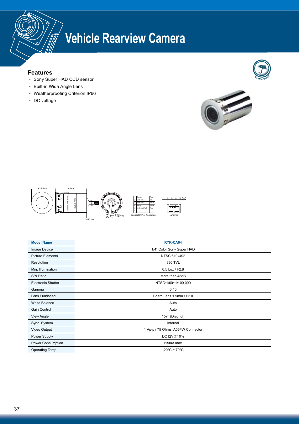 Vehicle rearview camera, Features | Sony RYK-AF302A User Manual | Page 37 / 72