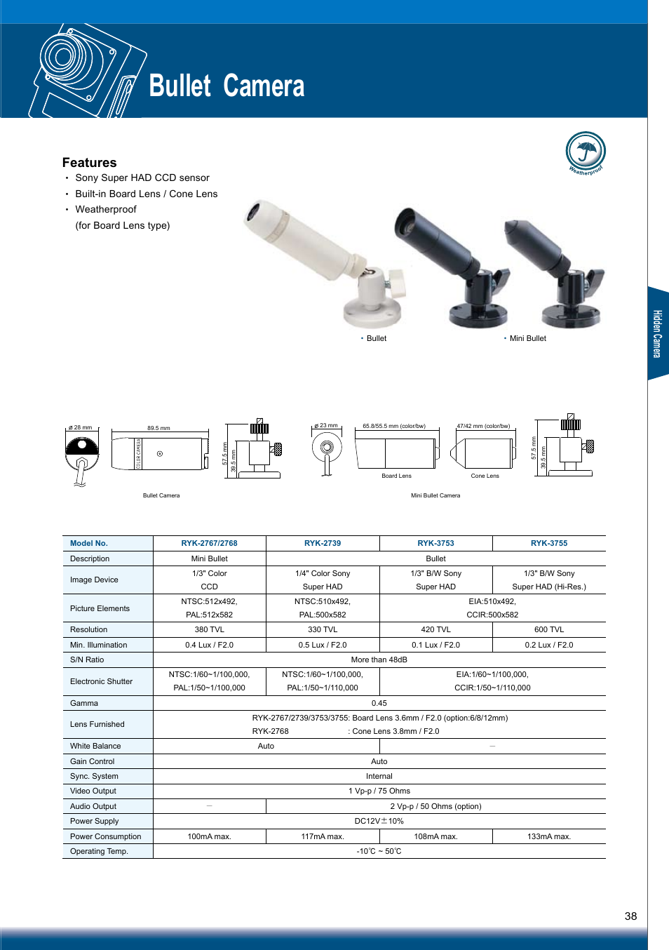 Bullet camera, Features, Hid den ca me ra | Sony RYK-AF302A User Manual | Page 38 / 72