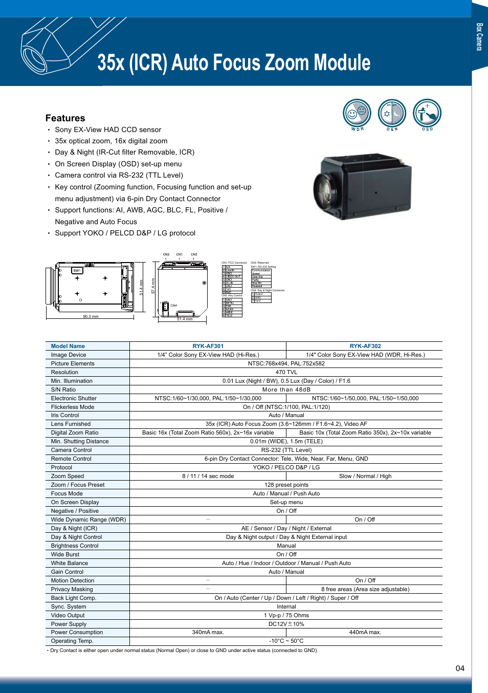 35x (icr) auto focus zoom module, Features, Box ca me ra | Sony RYK-AF302A User Manual | Page 4 / 72