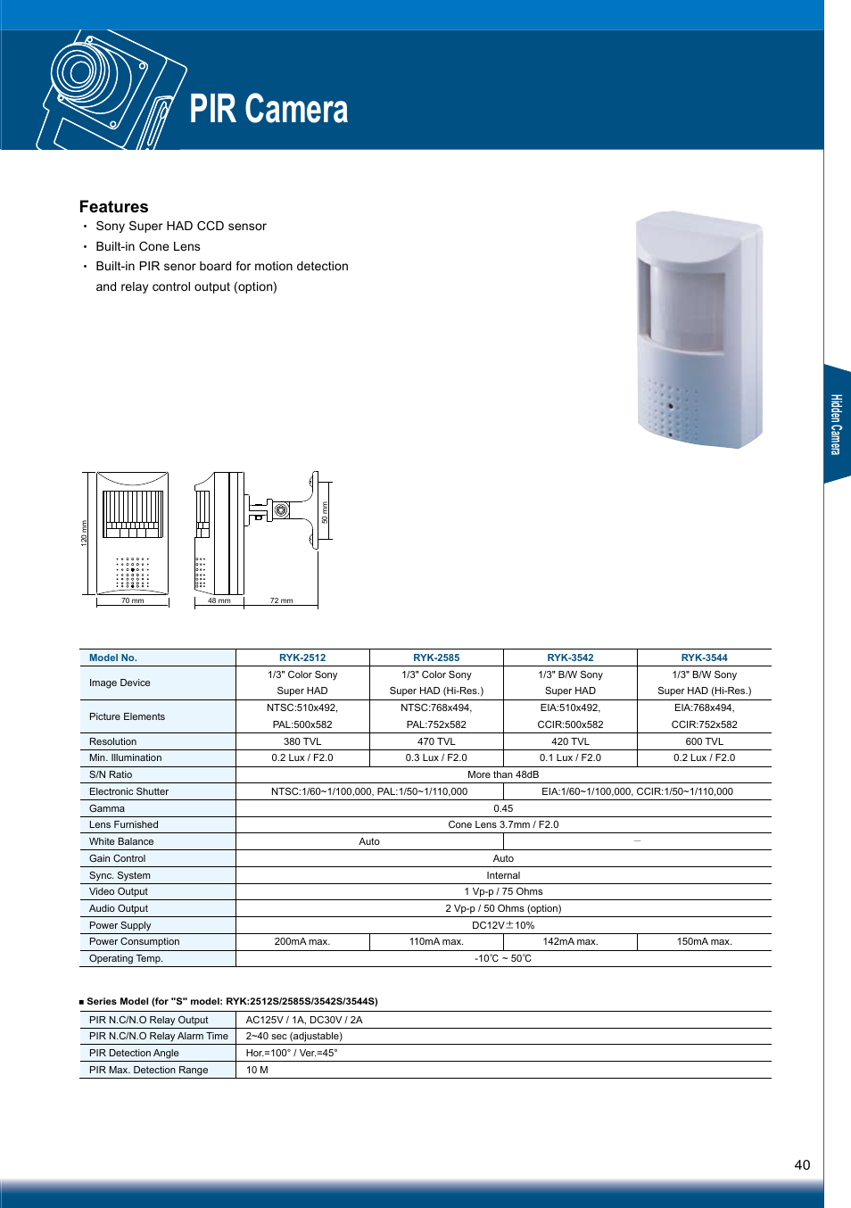 Pir camera, Features, Hid den ca me ra | Sony RYK-AF302A User Manual | Page 40 / 72