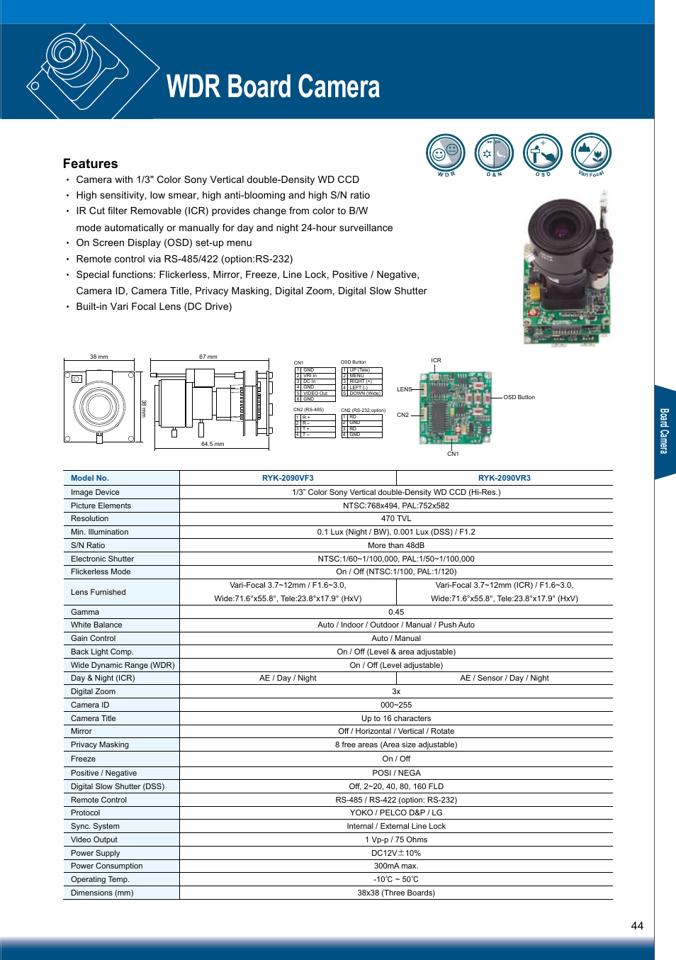 Wdr board camera, Features, Boa rd c am era | Sony RYK-AF302A User Manual | Page 44 / 72