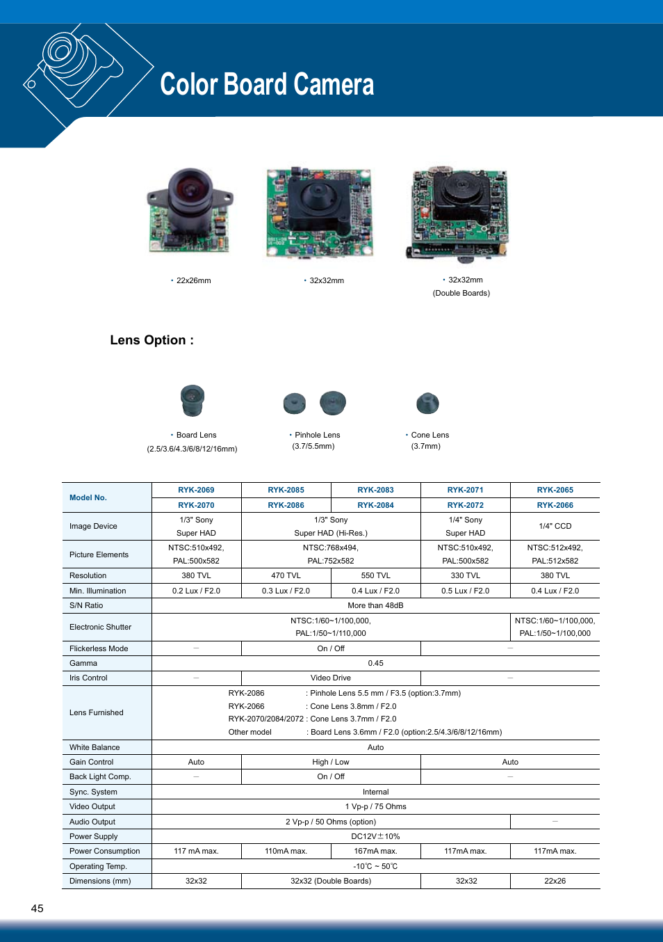 Color board camera, Lens option | Sony RYK-AF302A User Manual | Page 45 / 72