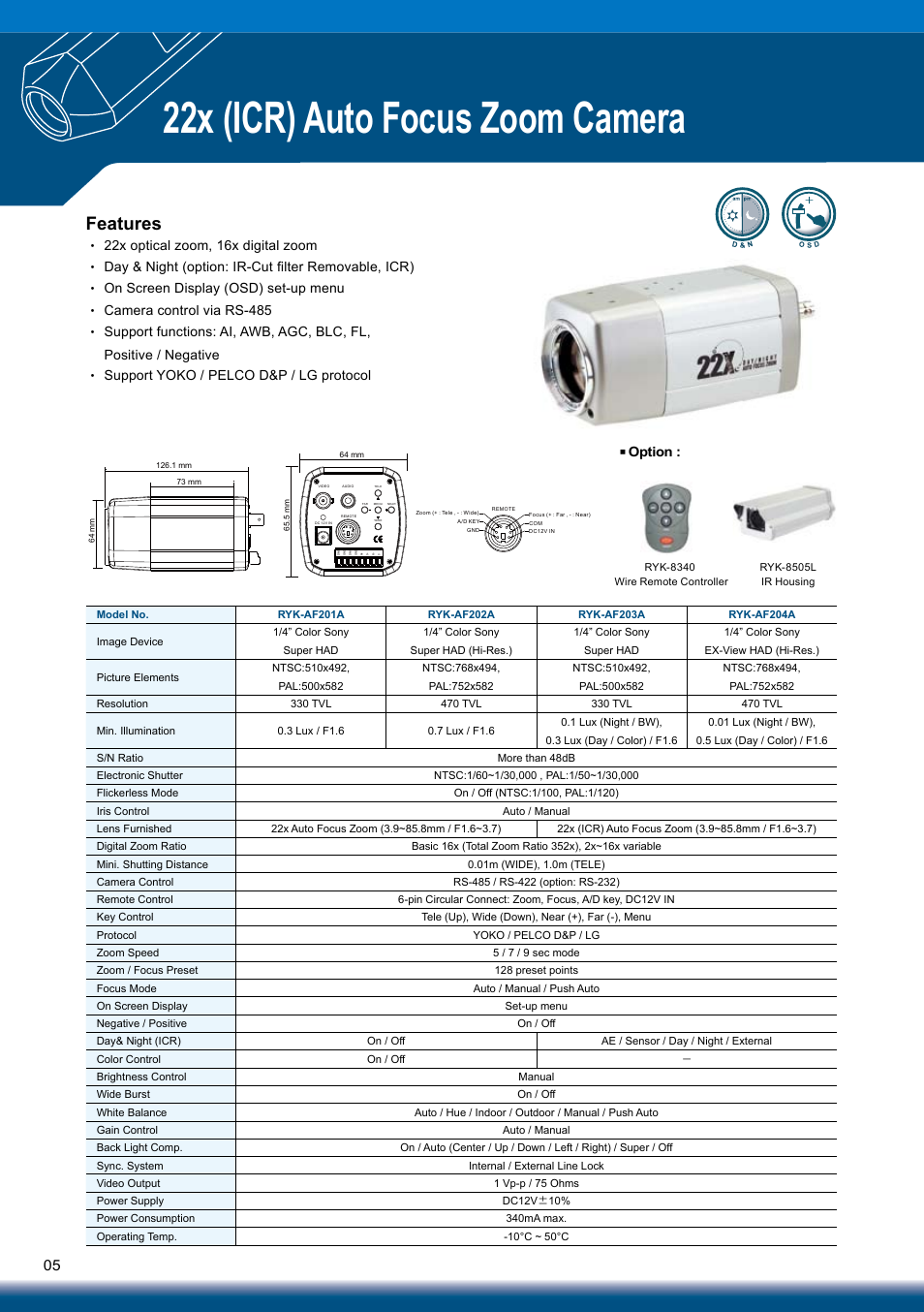 22x (icr) auto focus zoom camera, Features, Option | Sony RYK-AF302A User Manual | Page 5 / 72