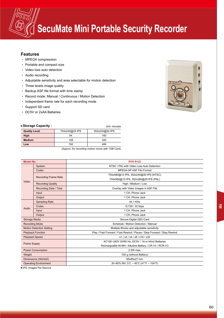 Secumate mini portable security recorder, Features | Sony RYK-AF302A User Manual | Page 60 / 72