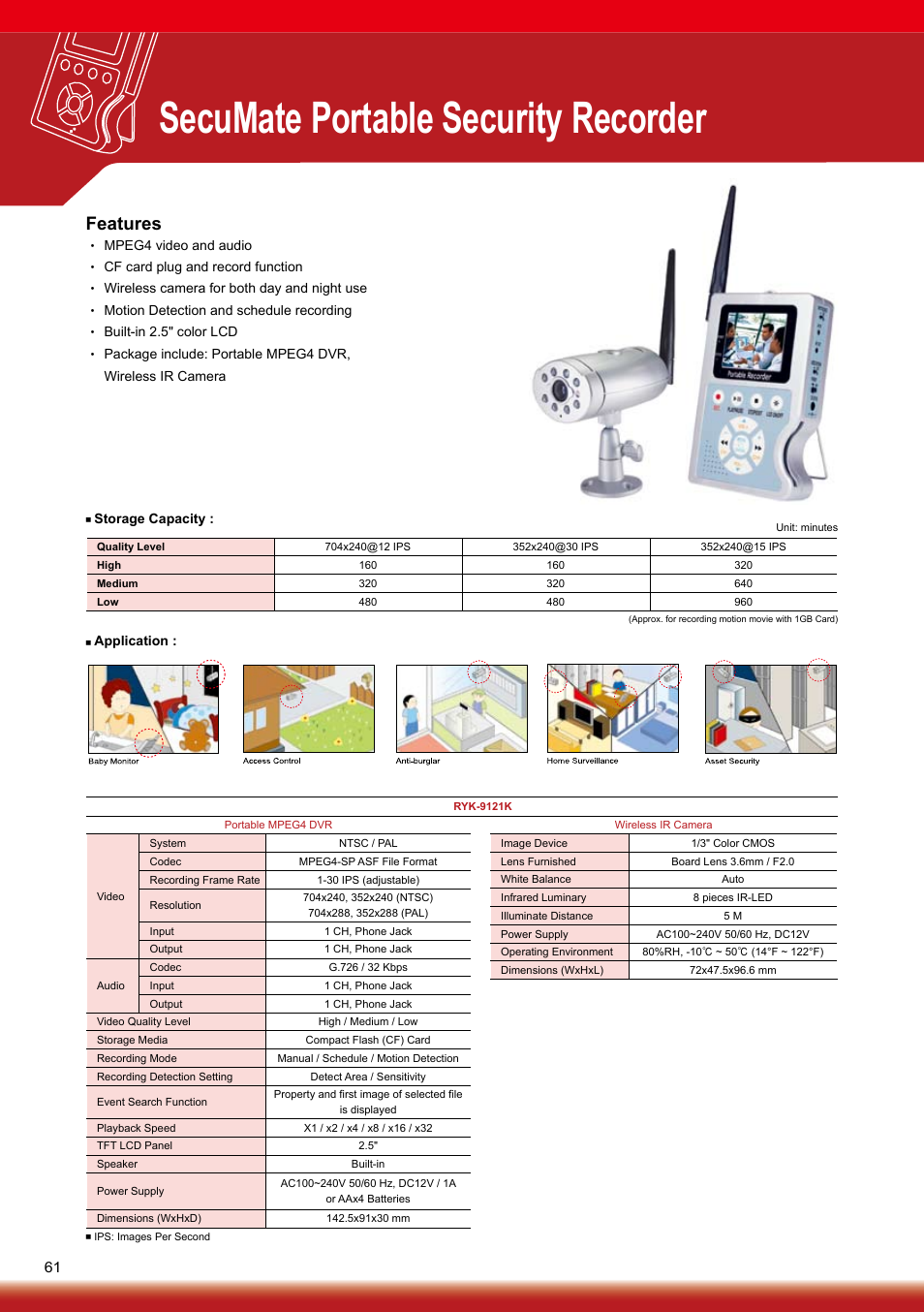 Secumate portable security recorder, Features | Sony RYK-AF302A User Manual | Page 61 / 72