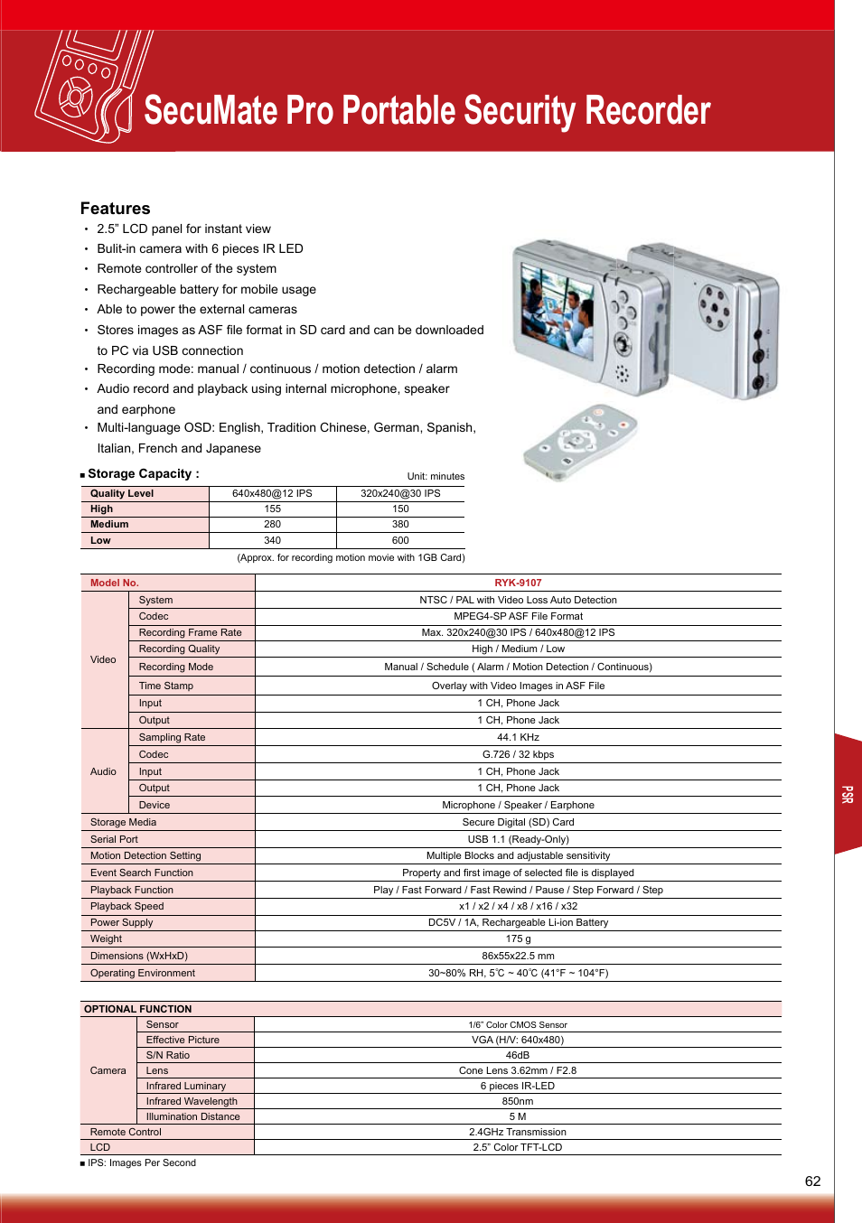 Secumate pro portable security recorder, Features | Sony RYK-AF302A User Manual | Page 62 / 72
