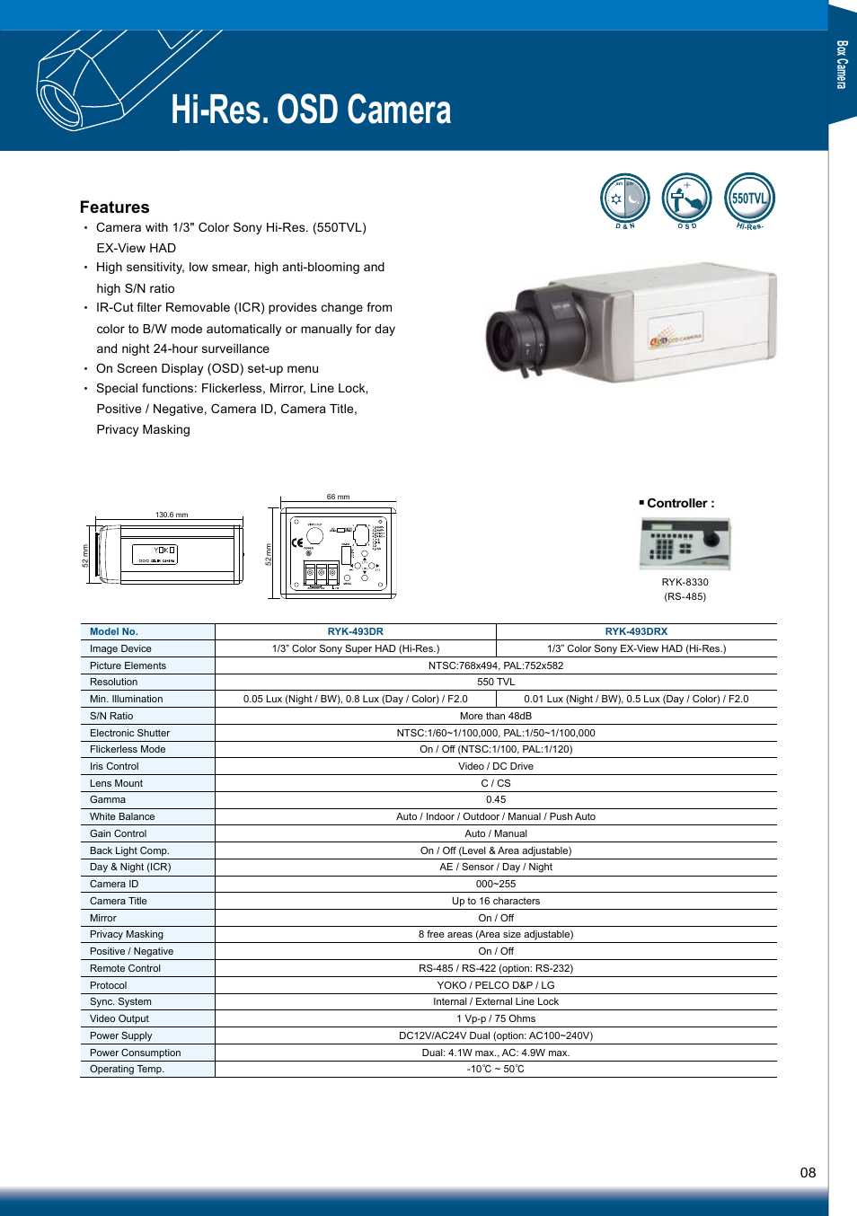 Hi-res. osd camera, Features, Box ca me ra | Sony RYK-AF302A User Manual | Page 8 / 72