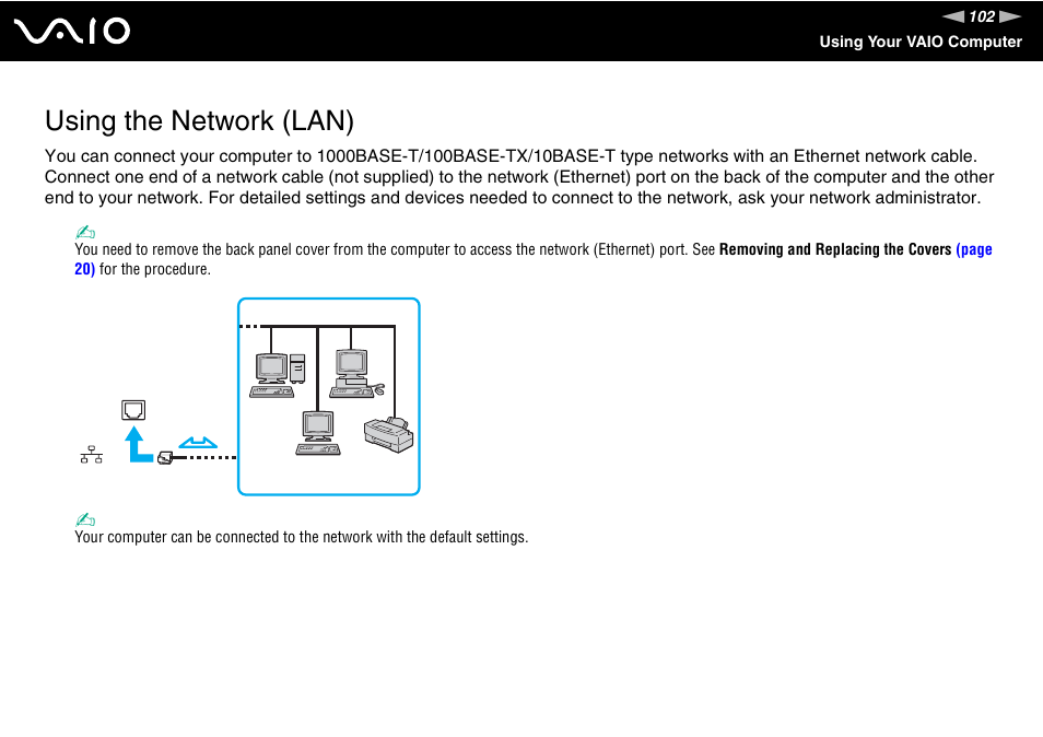 Using the network (lan) | Sony VAIO VGC-LV200 User Manual | Page 102 / 206