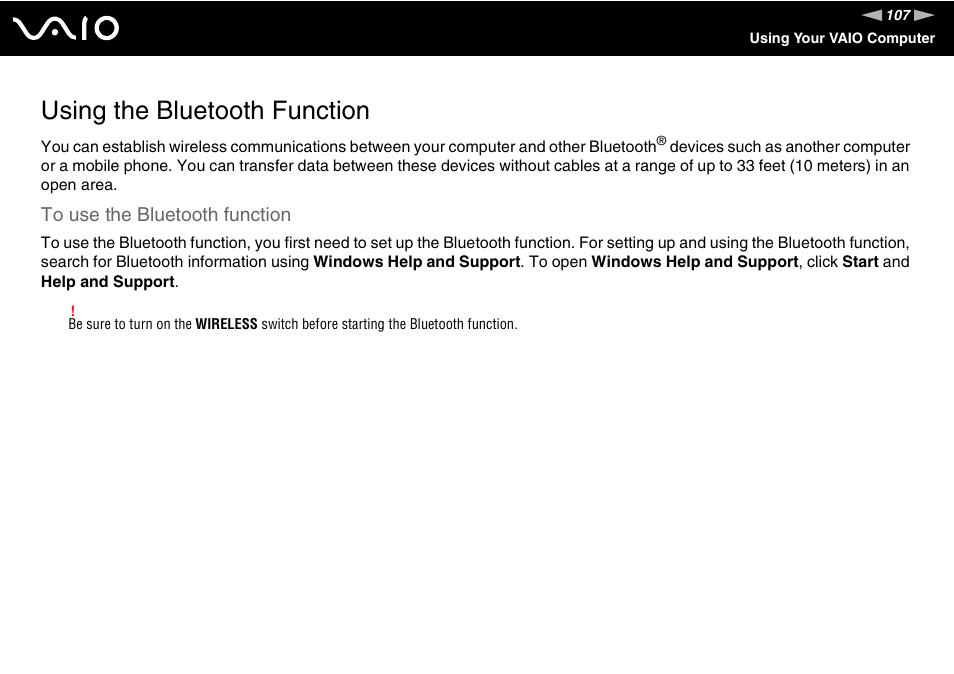 Using the bluetooth function, Tion | Sony VAIO VGC-LV200 User Manual | Page 107 / 206