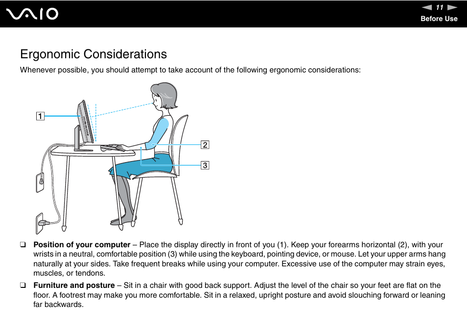 Ergonomic considerations | Sony VAIO VGC-LV200 User Manual | Page 11 / 206