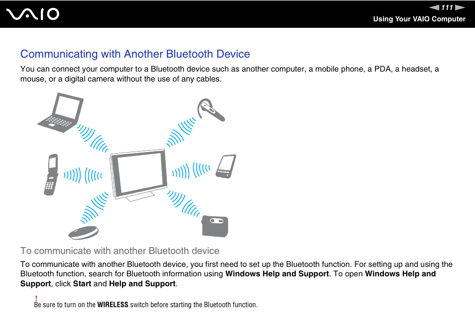 Communicating with another bluetooth device | Sony VAIO VGC-LV200 User Manual | Page 111 / 206