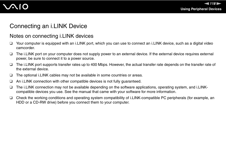 Connecting an i.link device | Sony VAIO VGC-LV200 User Manual | Page 118 / 206