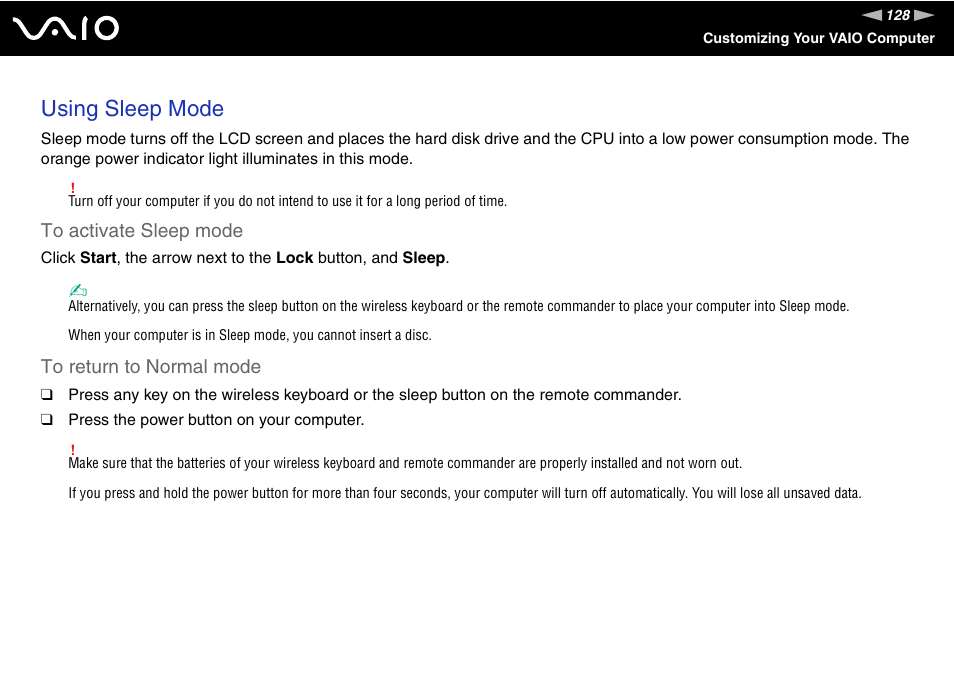 Using sleep mode | Sony VAIO VGC-LV200 User Manual | Page 128 / 206