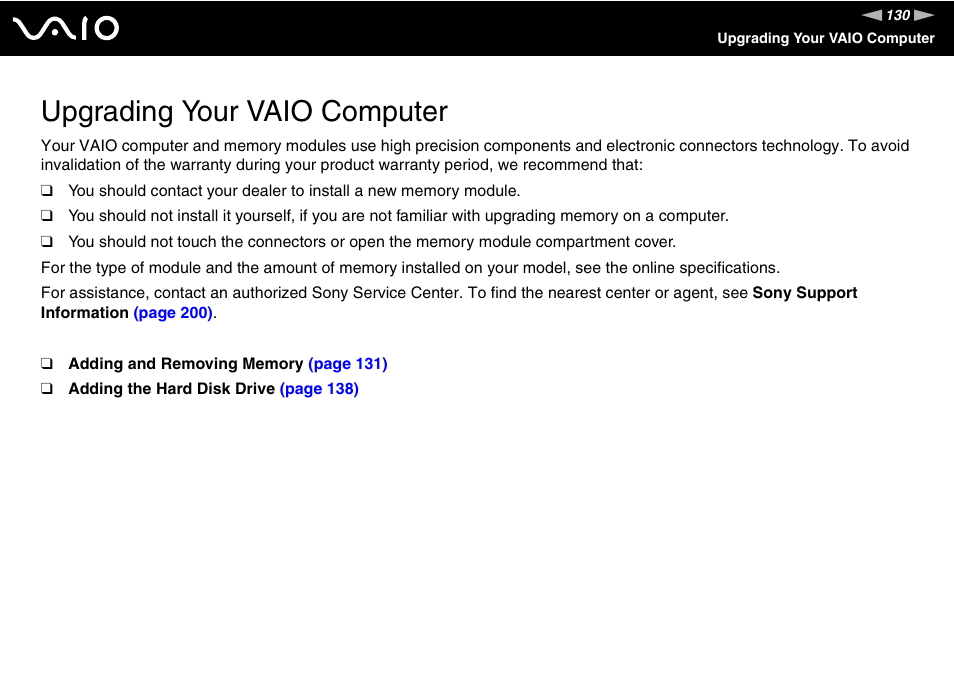 Upgrading your vaio computer | Sony VAIO VGC-LV200 User Manual | Page 130 / 206