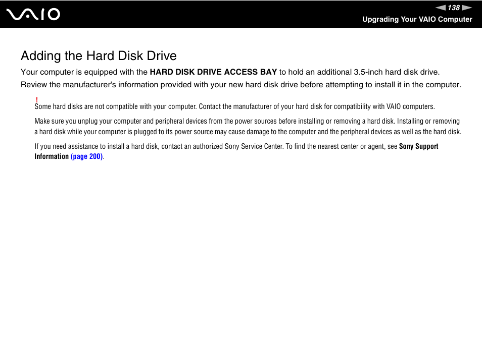 Adding the hard disk drive | Sony VAIO VGC-LV200 User Manual | Page 138 / 206
