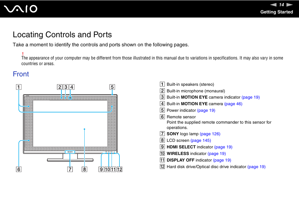 Locating controls and ports, Front | Sony VAIO VGC-LV200 User Manual | Page 14 / 206