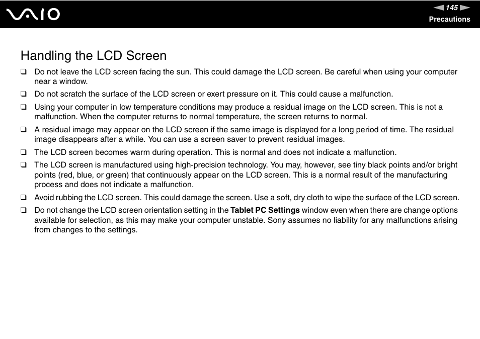 Handling the lcd screen | Sony VAIO VGC-LV200 User Manual | Page 145 / 206