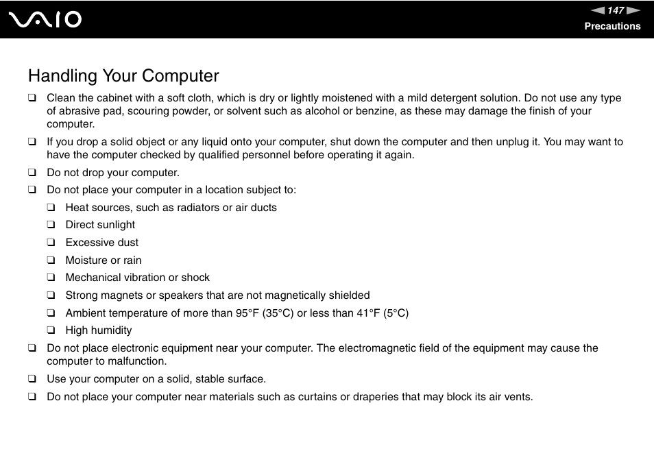 Handling your computer | Sony VAIO VGC-LV200 User Manual | Page 147 / 206