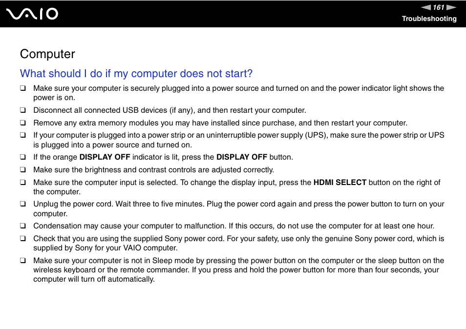Computer, What should i do if my computer does not start | Sony VAIO VGC-LV200 User Manual | Page 161 / 206