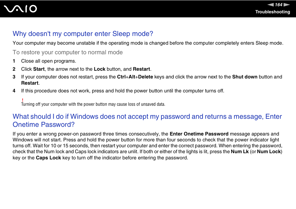 Why doesn't my computer enter sleep mode | Sony VAIO VGC-LV200 User Manual | Page 164 / 206