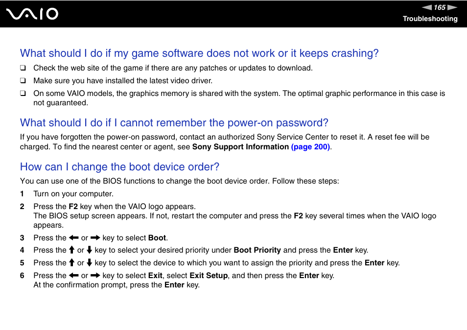 How can i change the boot device order | Sony VAIO VGC-LV200 User Manual | Page 165 / 206