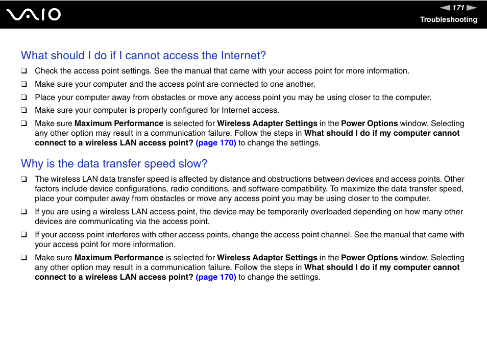 What should i do if i cannot access the internet, Why is the data transfer speed slow | Sony VAIO VGC-LV200 User Manual | Page 171 / 206