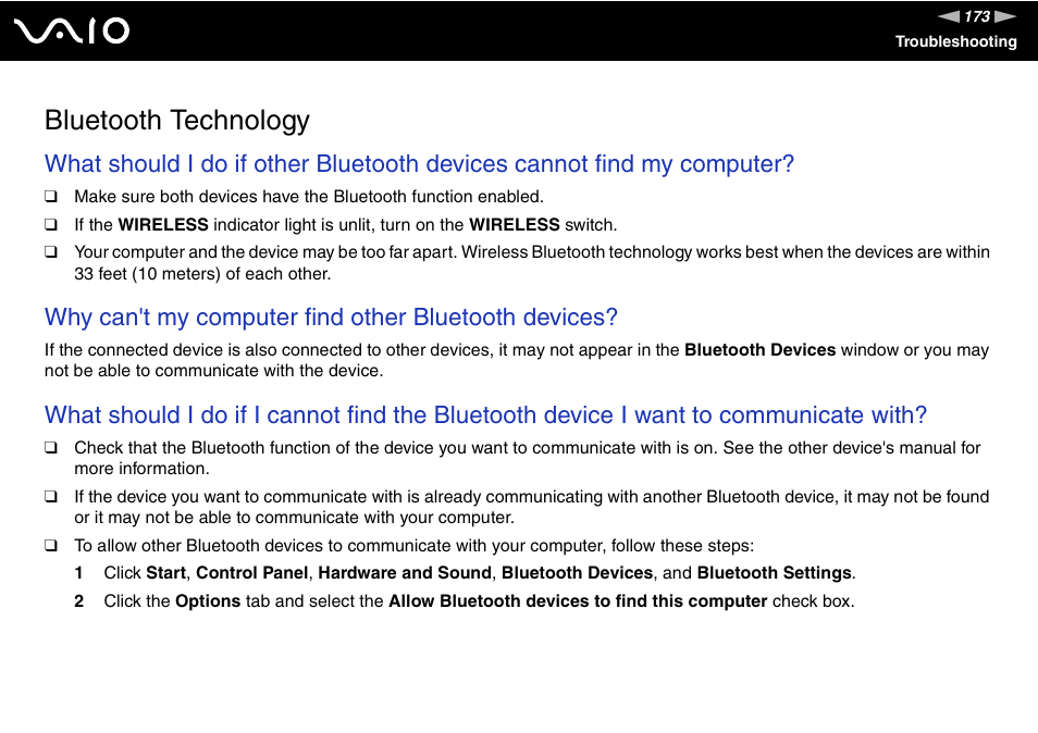 Bluetooth technology, Why can't my computer find other bluetooth devices | Sony VAIO VGC-LV200 User Manual | Page 173 / 206