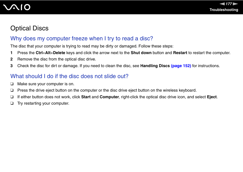 Optical discs, What should i do if the disc does not slide out | Sony VAIO VGC-LV200 User Manual | Page 177 / 206