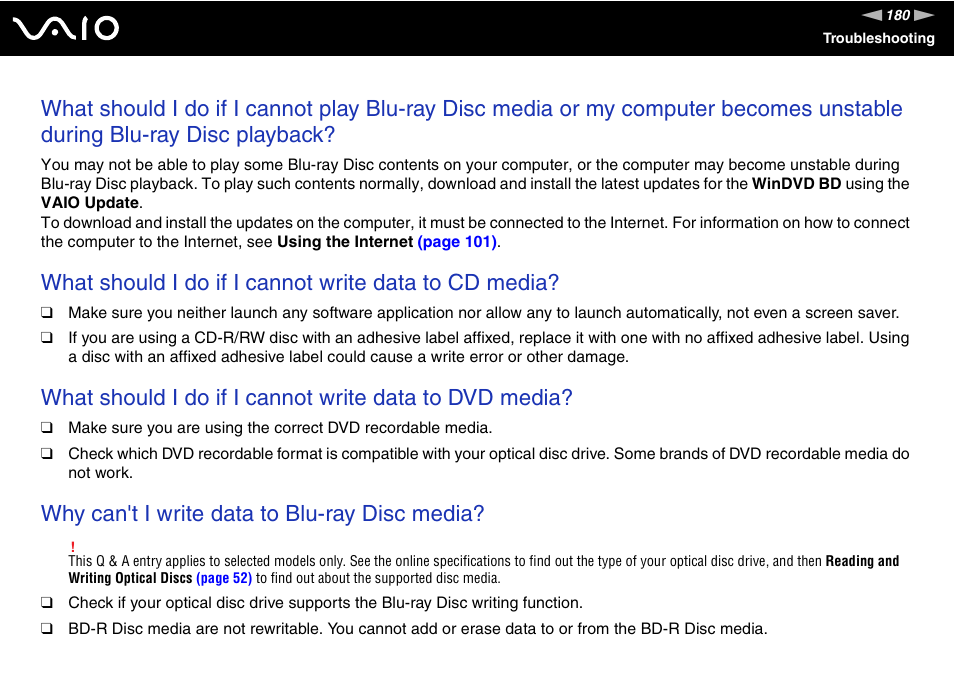 Why can't i write data to blu-ray disc media | Sony VAIO VGC-LV200 User Manual | Page 180 / 206