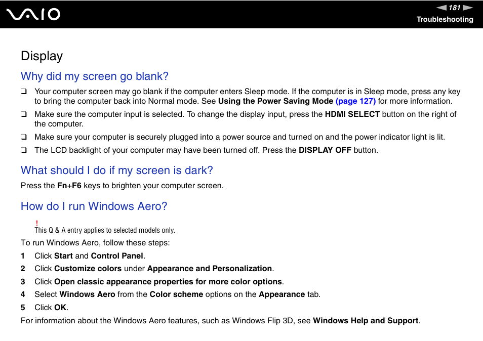 Display, Why did my screen go blank, What should i do if my screen is dark | How do i run windows aero | Sony VAIO VGC-LV200 User Manual | Page 181 / 206