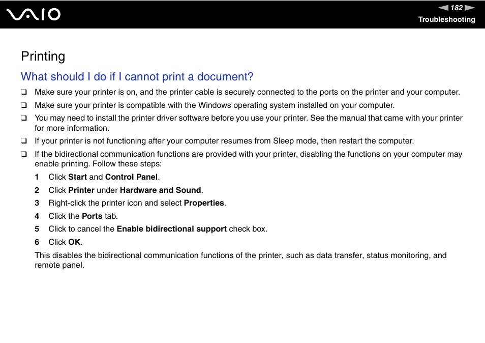 Printing, Inting, What should i do if i cannot print a document | Sony VAIO VGC-LV200 User Manual | Page 182 / 206