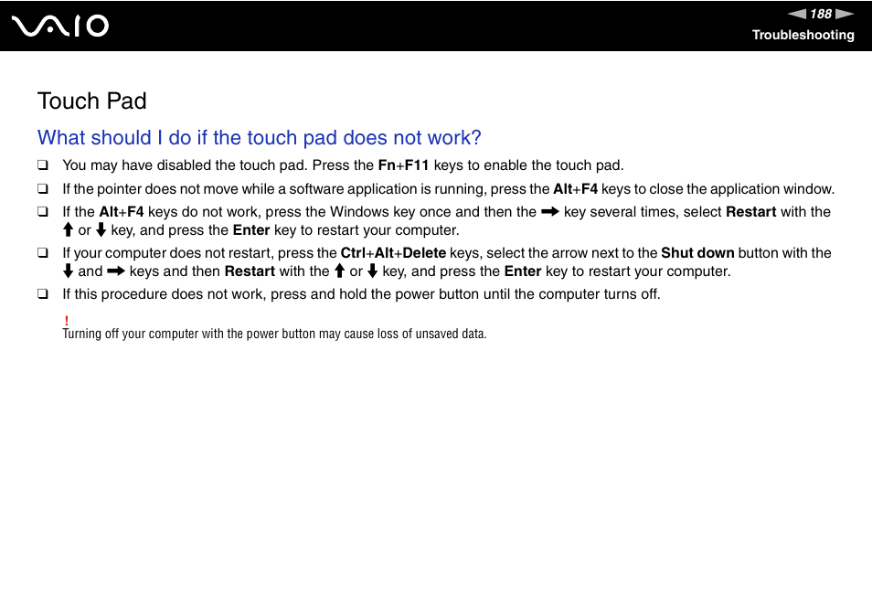 Touch pad, What should i do if the touch pad does not work | Sony VAIO VGC-LV200 User Manual | Page 188 / 206