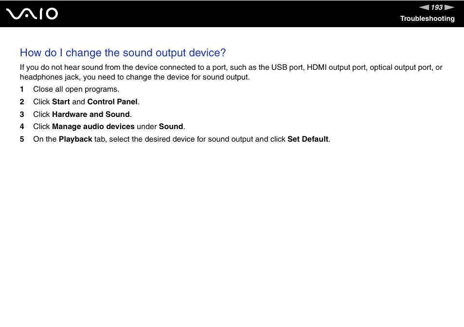 How do i change the sound output device | Sony VAIO VGC-LV200 User Manual | Page 193 / 206