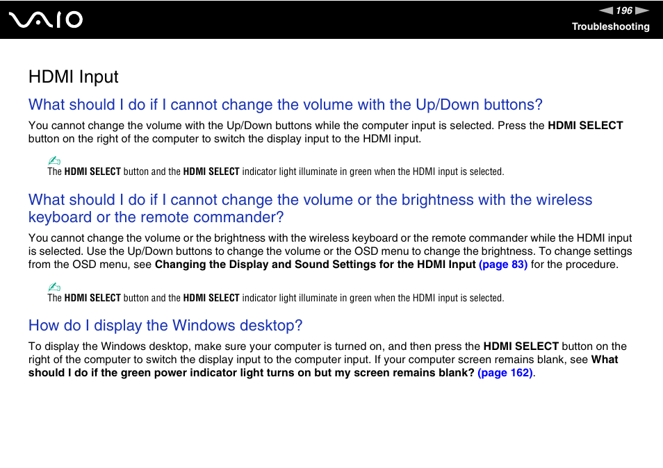 Hdmi input, I input, How do i display the windows desktop | Sony VAIO VGC-LV200 User Manual | Page 196 / 206