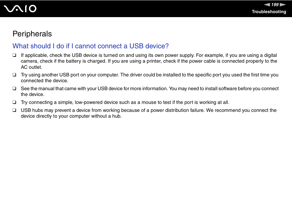 Peripherals, What should i do if i cannot connect a usb device | Sony VAIO VGC-LV200 User Manual | Page 199 / 206
