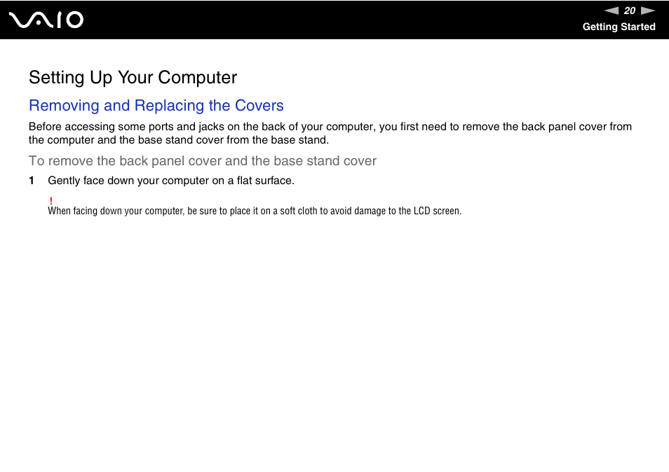 Setting up your computer, Removing and replacing the covers | Sony VAIO VGC-LV200 User Manual | Page 20 / 206