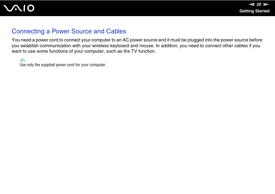 Connecting a power source and cables | Sony VAIO VGC-LV200 User Manual | Page 25 / 206