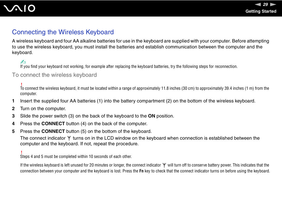 Connecting the wireless keyboard | Sony VAIO VGC-LV200 User Manual | Page 29 / 206