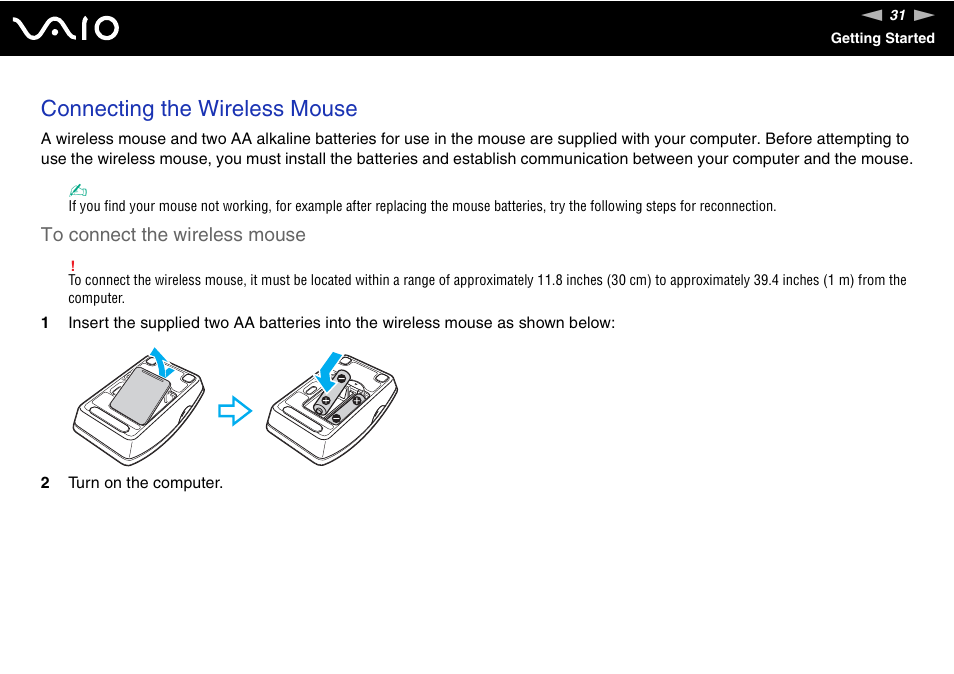 Connecting the wireless mouse | Sony VAIO VGC-LV200 User Manual | Page 31 / 206