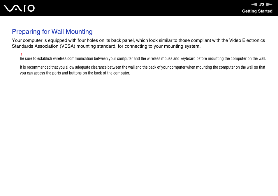 Preparing for wall mounting | Sony VAIO VGC-LV200 User Manual | Page 33 / 206