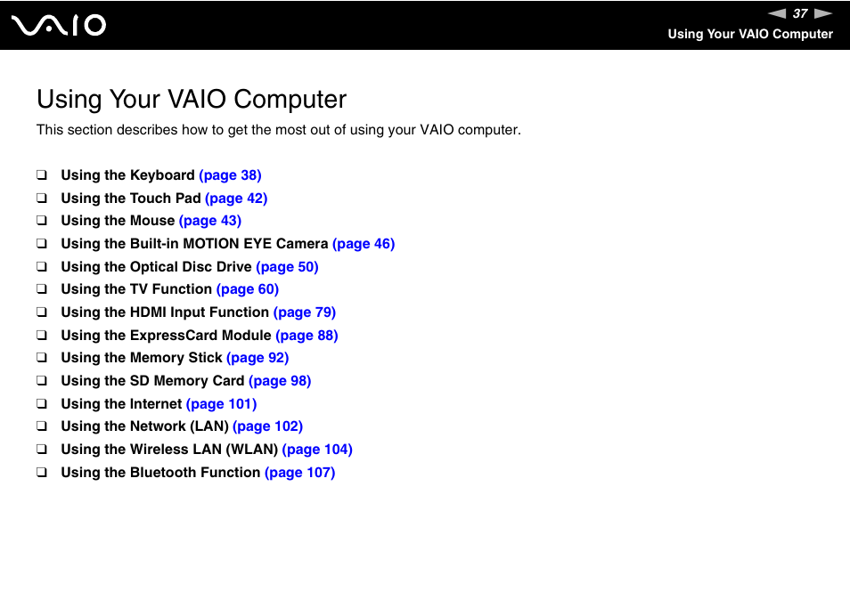 Using your vaio computer | Sony VAIO VGC-LV200 User Manual | Page 37 / 206